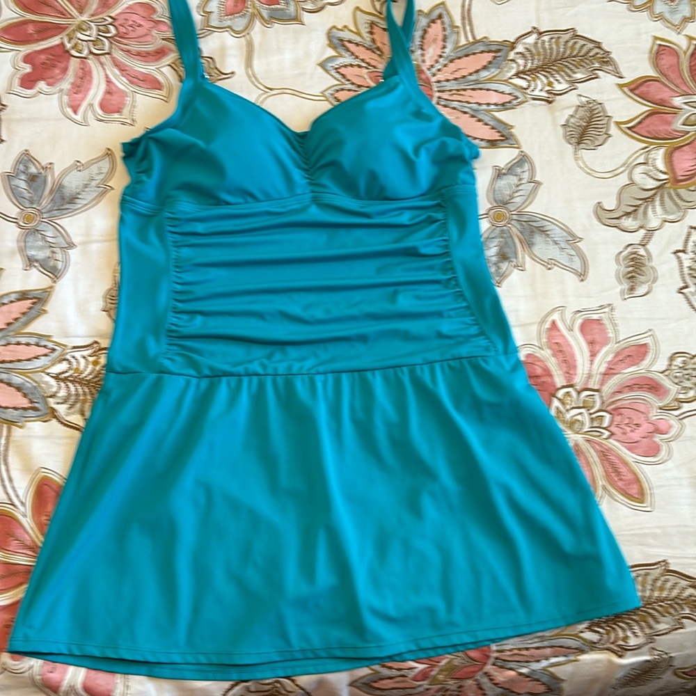 Jantzen One Piece Turquoise/Aqua Green Dress Swimsuit size 14